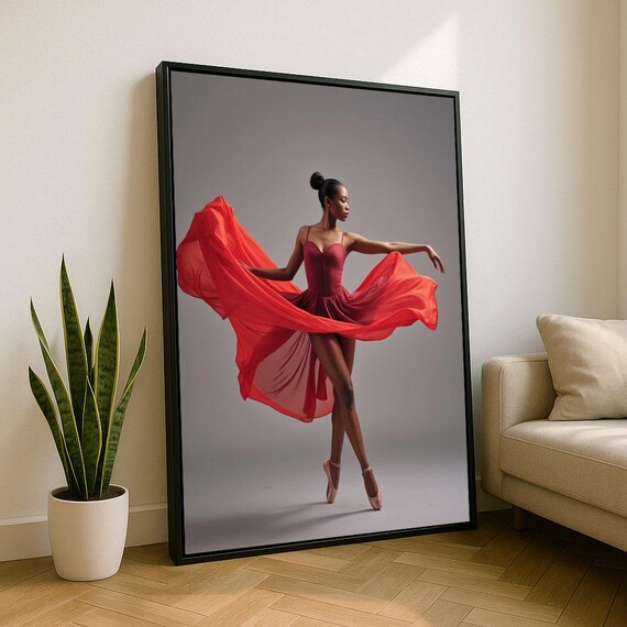 Elegant Ballerina In Red Dress Canvas Wall Art Print Modern Living Room Decor Statement Piece