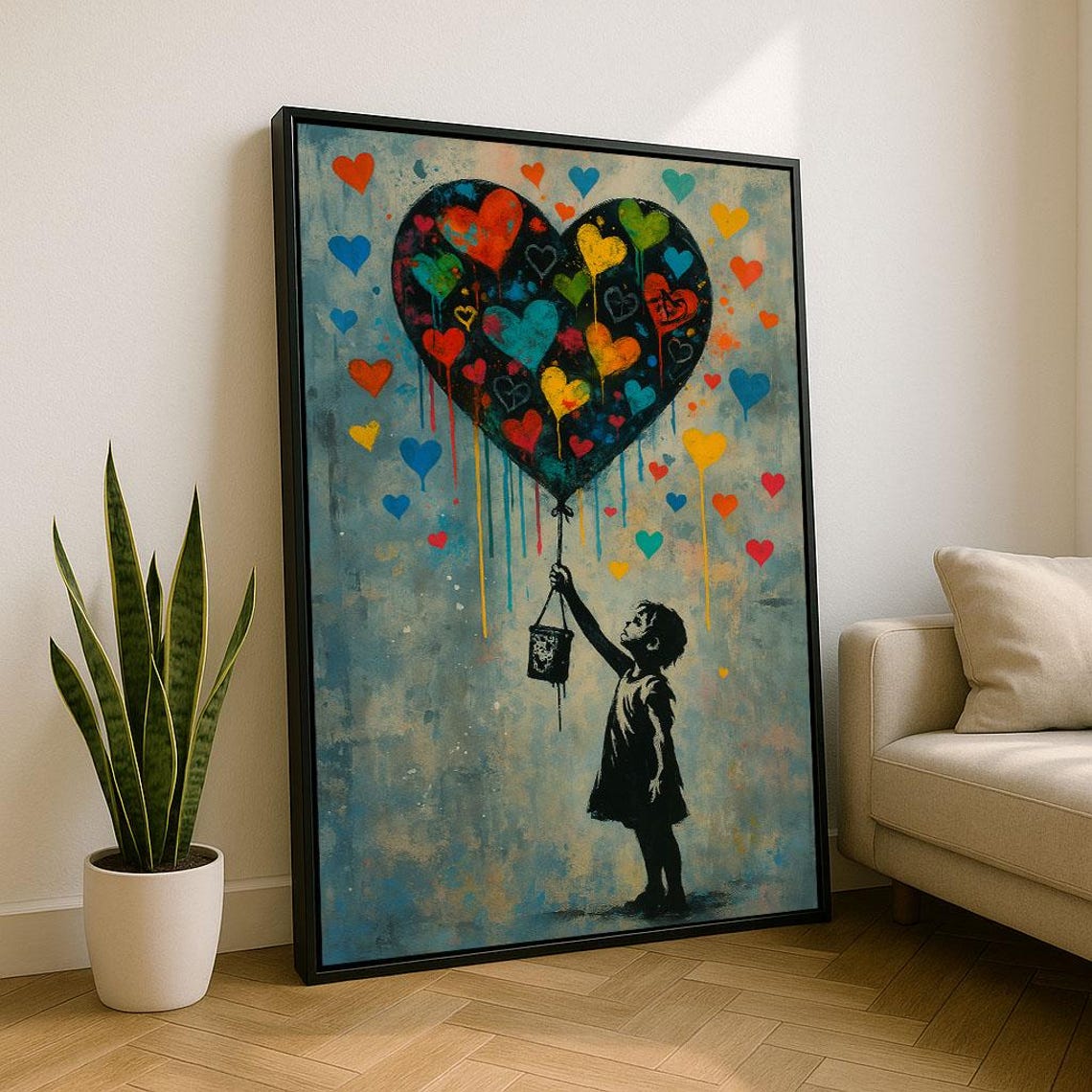 Bold Heart Balloon Girl Street Style Colorful Graffiti Love Wall Art