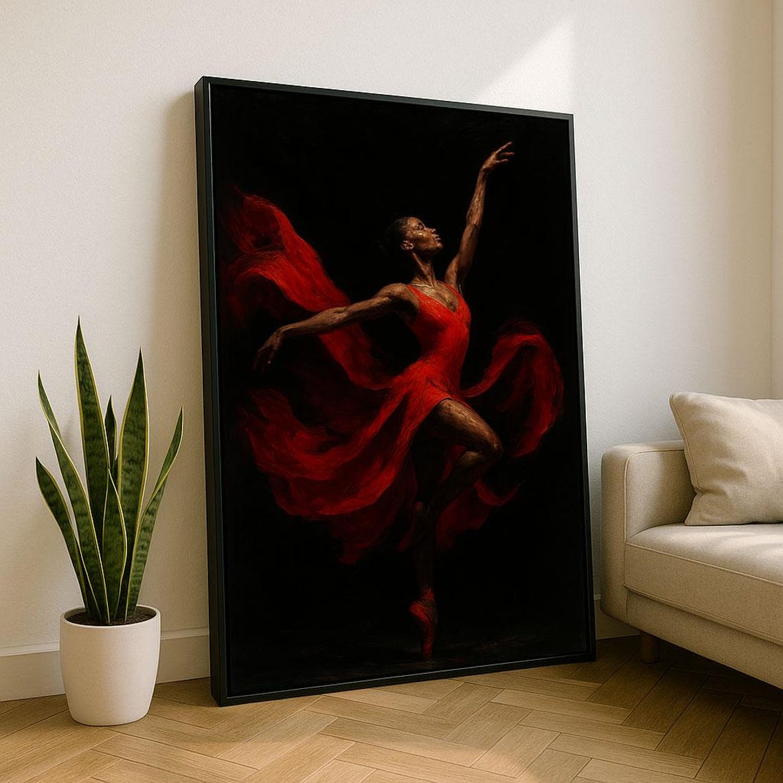 Dramatic Ballerina In Flowing Red Dress Mid Leap Dark Stage Art Poster