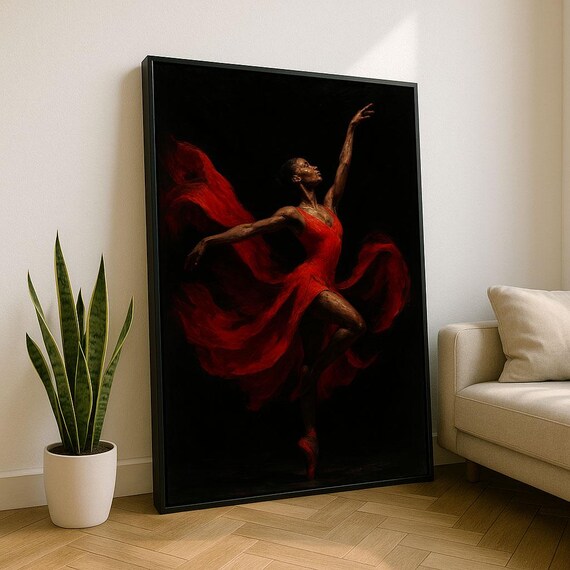 Elegant Ballerina In Red Dress Canvas Wall Art Print Dramatic Living Room Decor Statement Piece