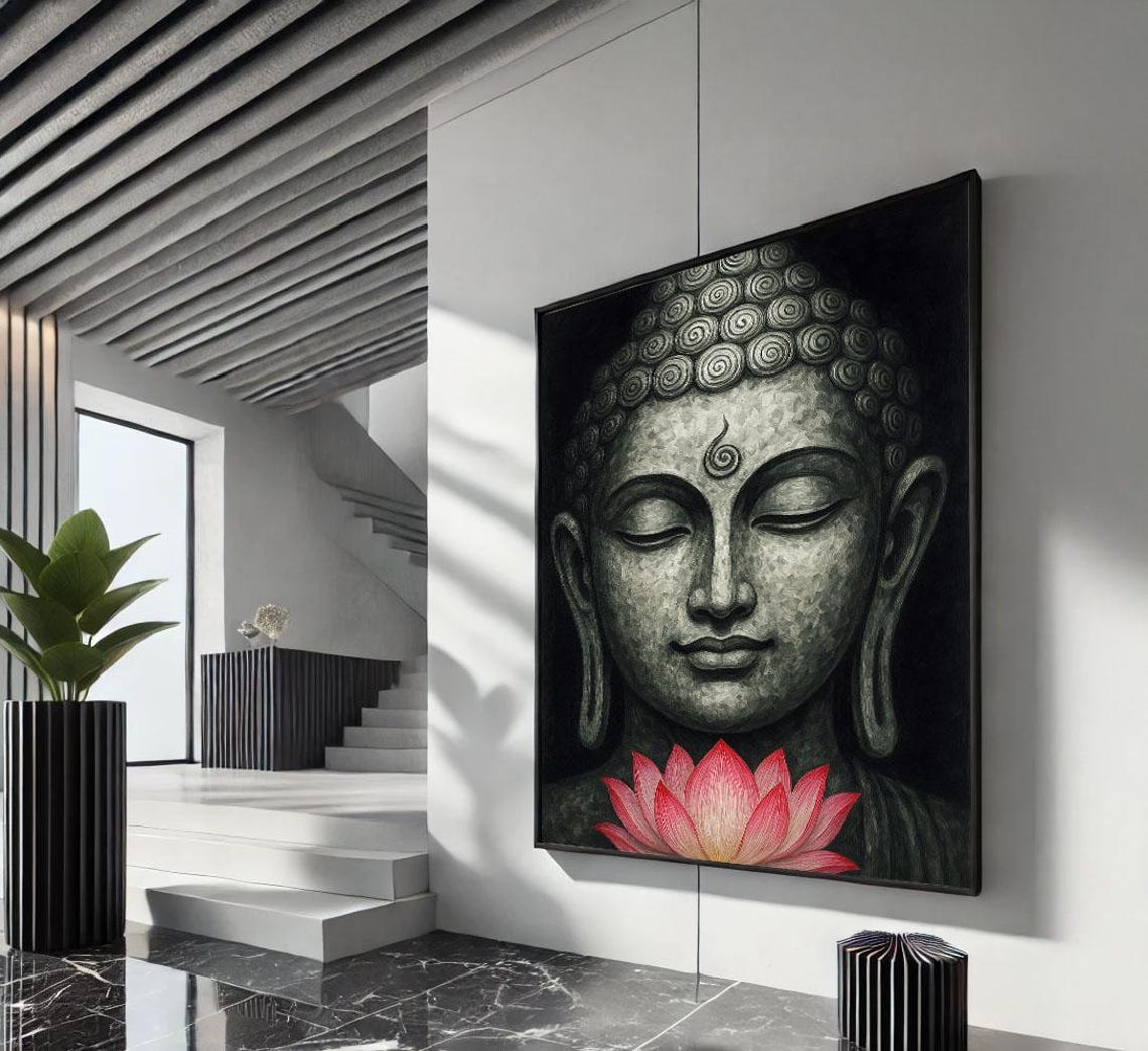 Serene Monochrome Buddha Face With Red Lotus Flower Zen Poster
