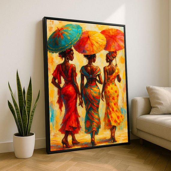 Vibrant African Women With Umbrellas Canvas Wall Art Print Colorful Living Room Decor Statement Piece