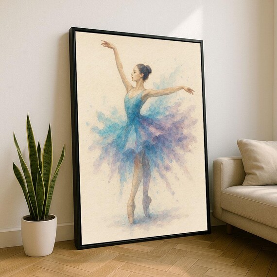 Elegant Ballerina Watercolor Canvas Wall Art Print Bluepurple Living Room Decor Statement Piece