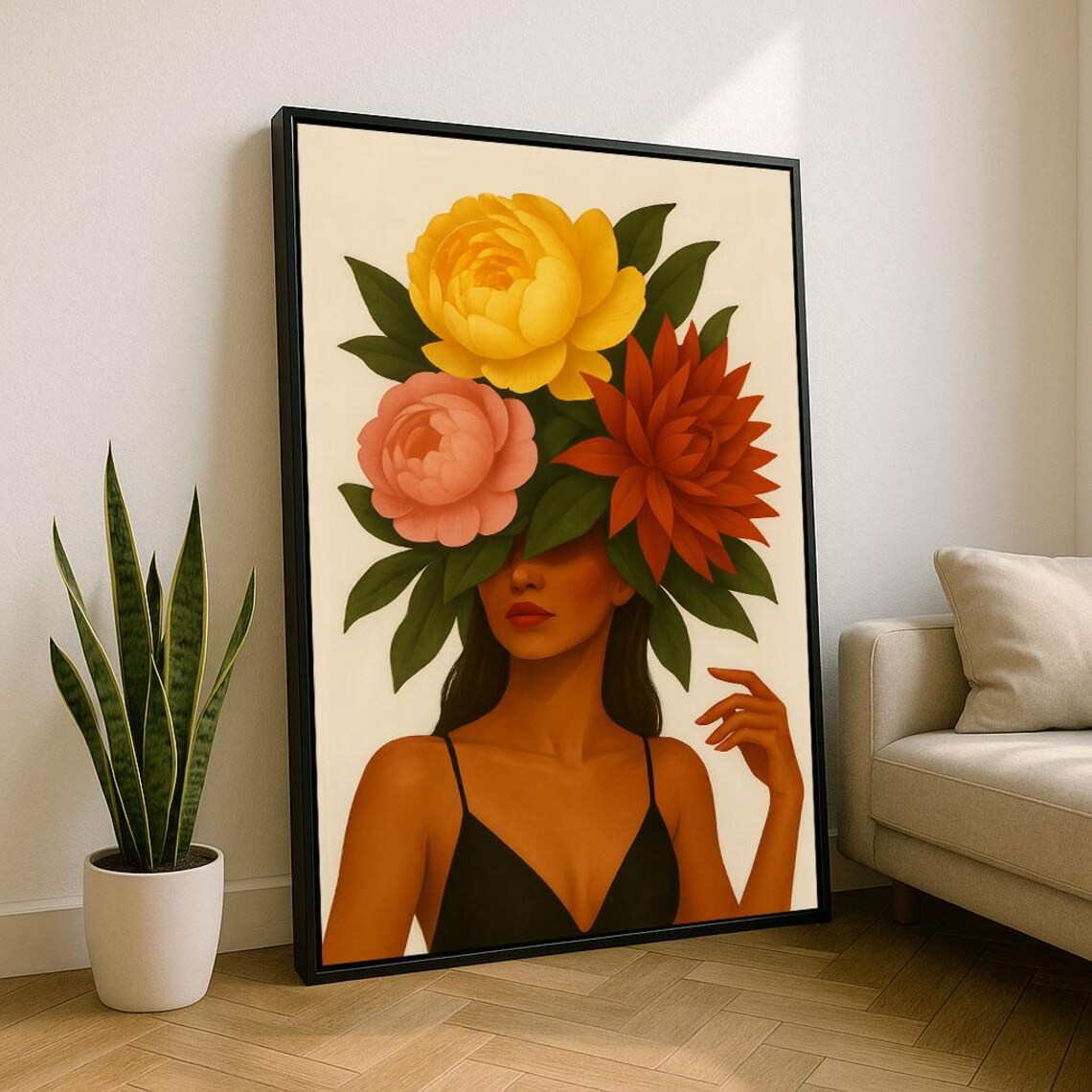 Woman In Black Dress With Large Colorful Flower Crown Head Poster