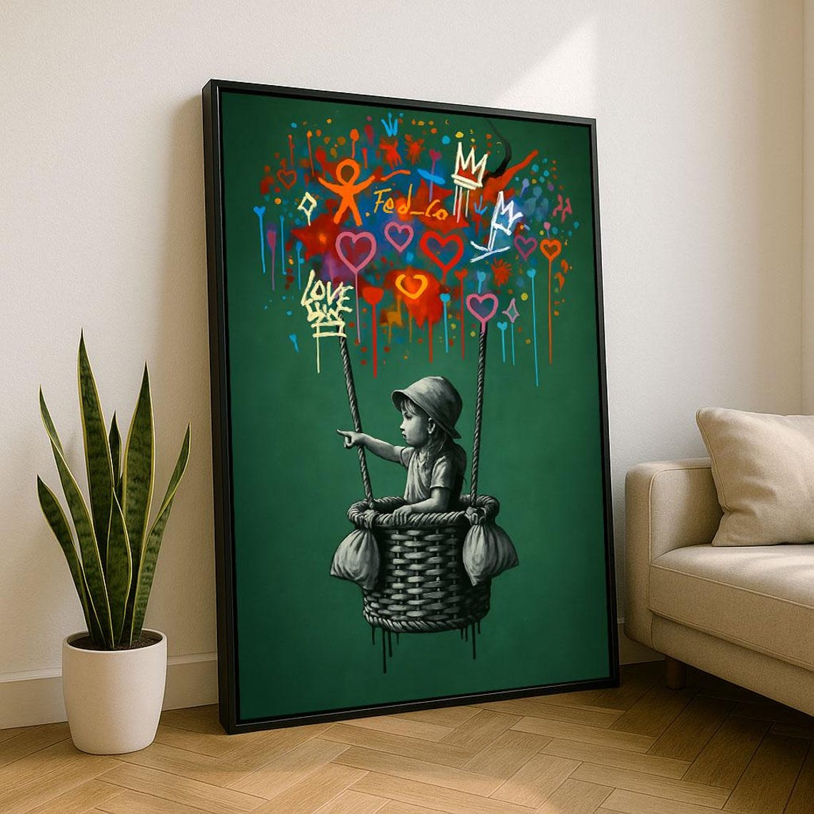 Child Balloon Ride Graffiti Heart Burst Green Dreamy Street Art Poster