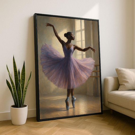 Elegant Black Ballerina In Lavender Tutu Studio Dance Art Poster