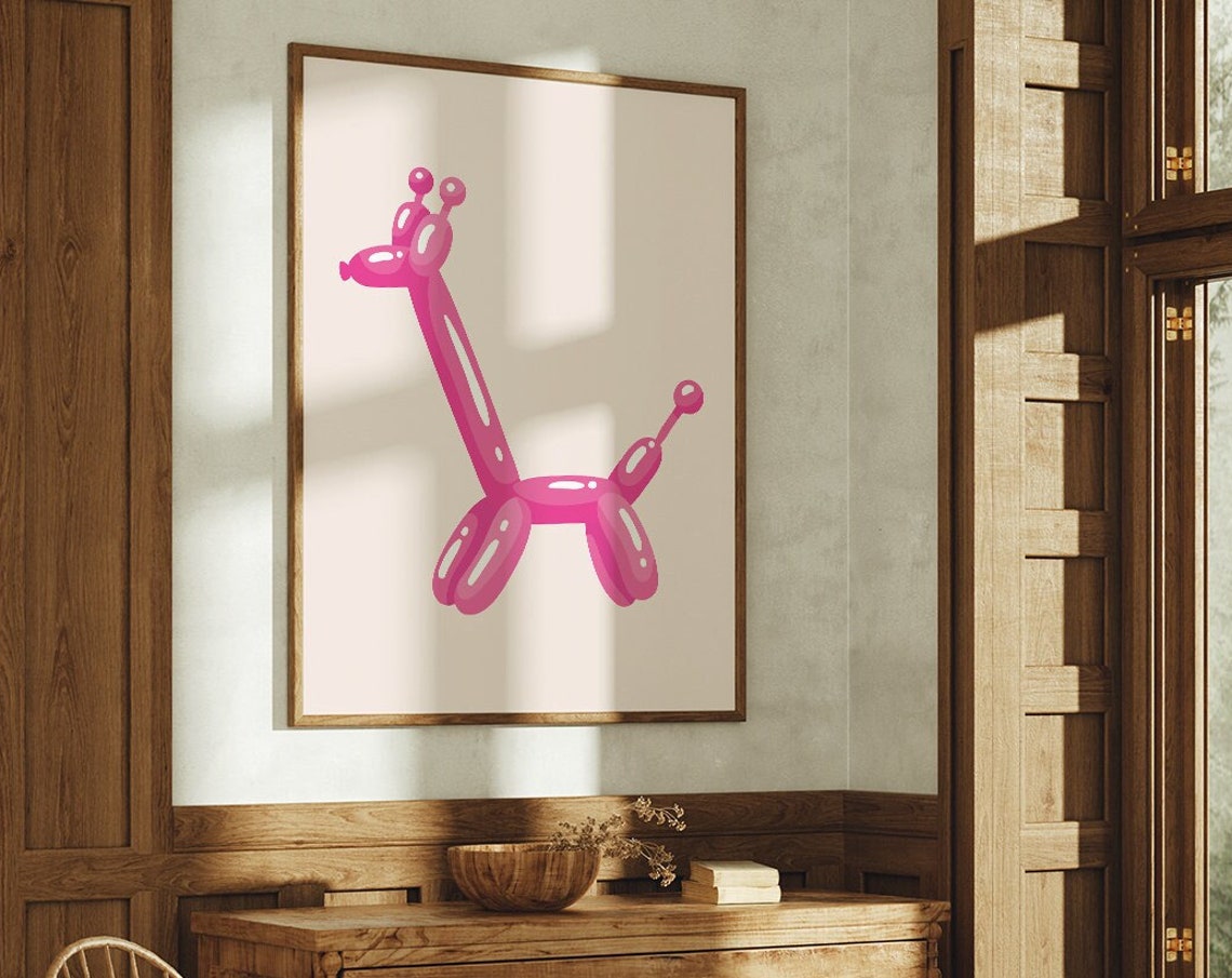 Pink Balloon Giraffe Minimalist Trendy Boho Kids Room Poster