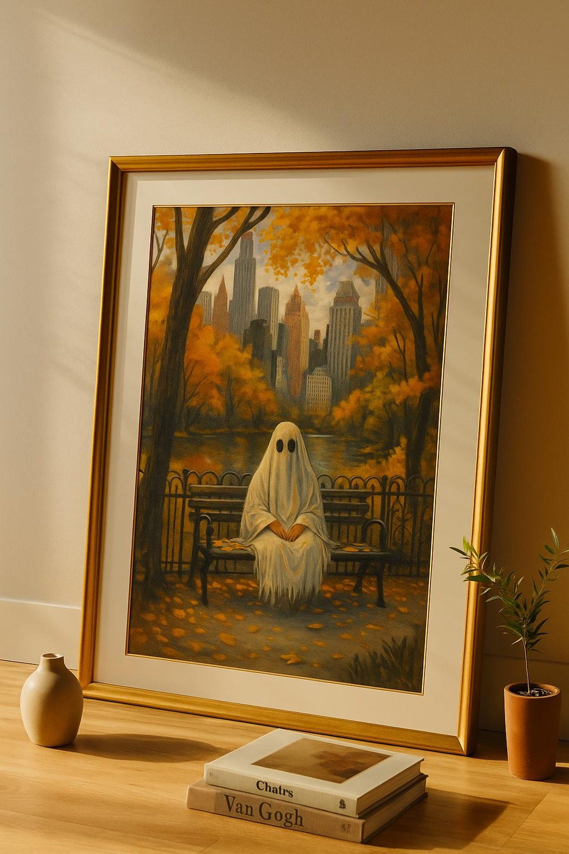 Cute Ghost on Park Bench Autumn City Skyline Halloween Poster