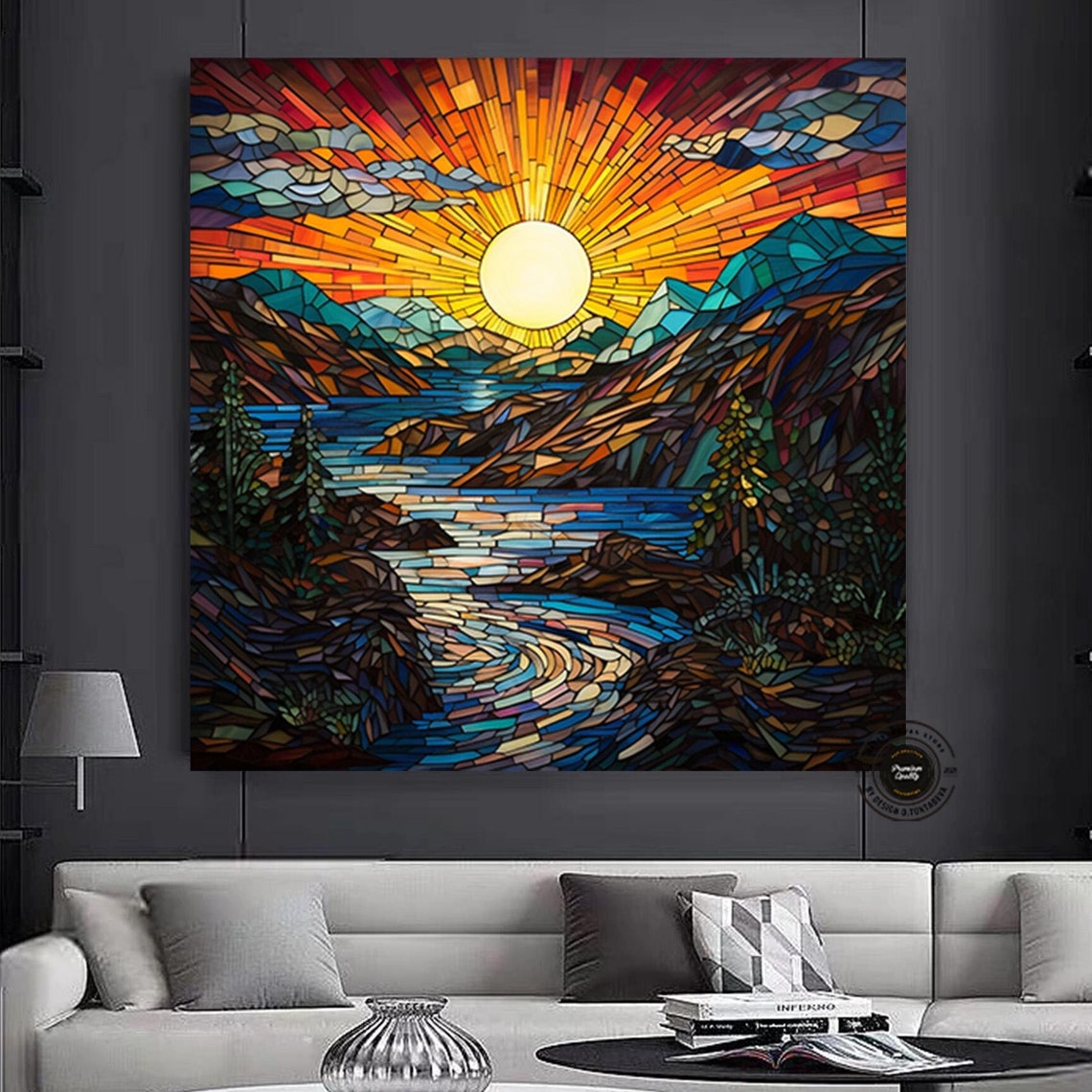 Stained Glass Mountain Sunset River Mosaic Landscape View Poster