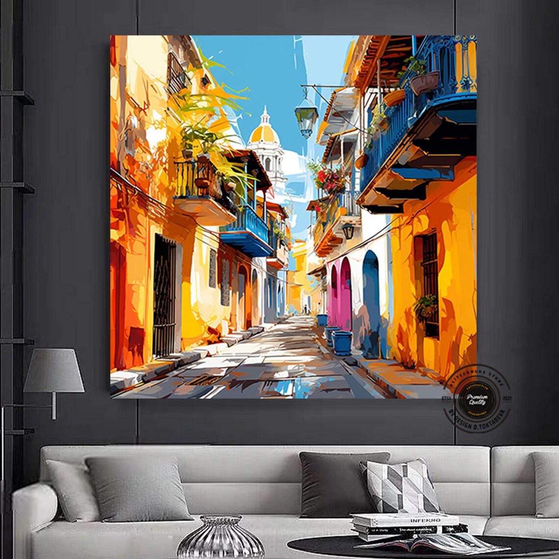 Colorful Old Town Street Colonial Balconies Sunny Travel Poster