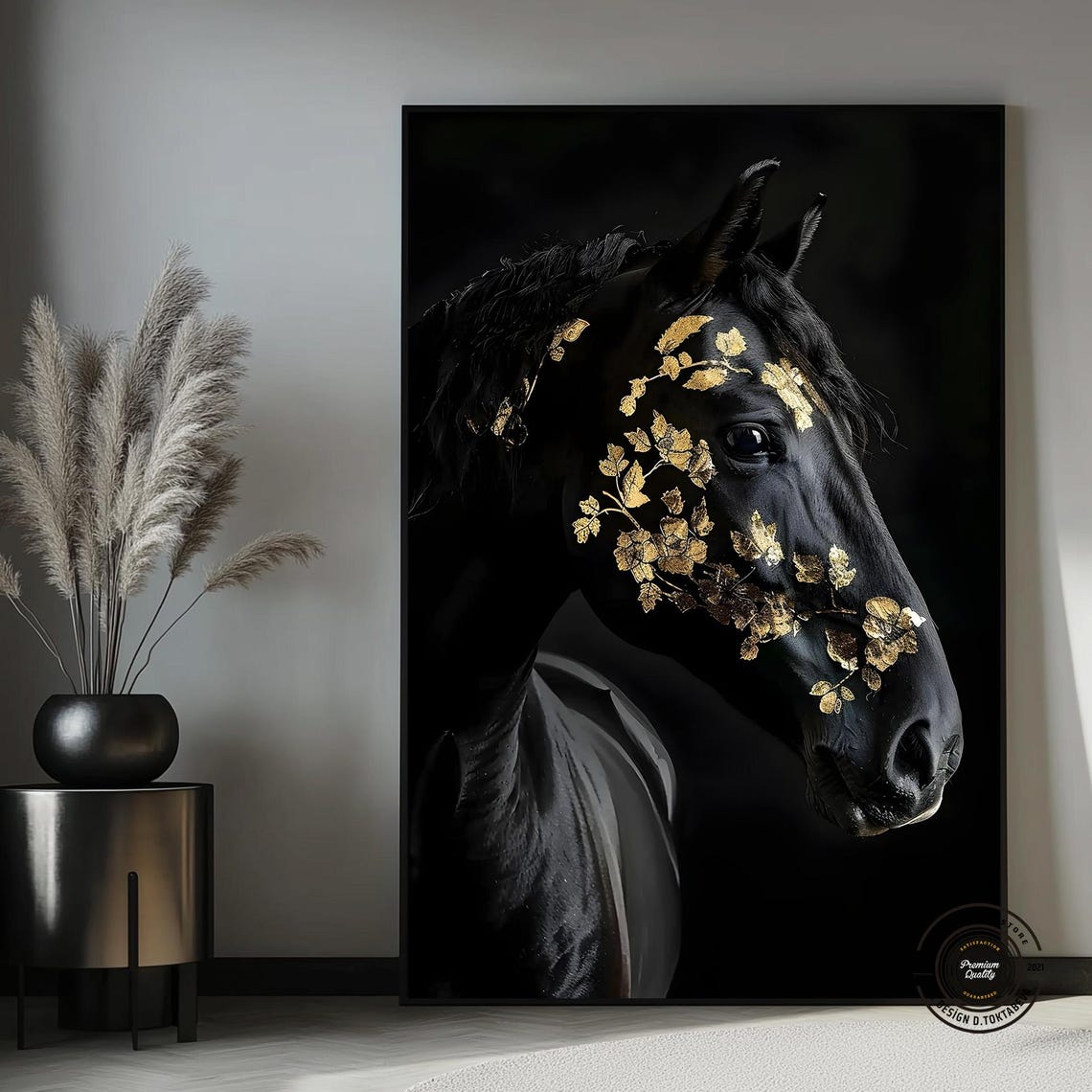 Black Horse Gold Leaf Floral Elegant Equestrian Art Gift Poster