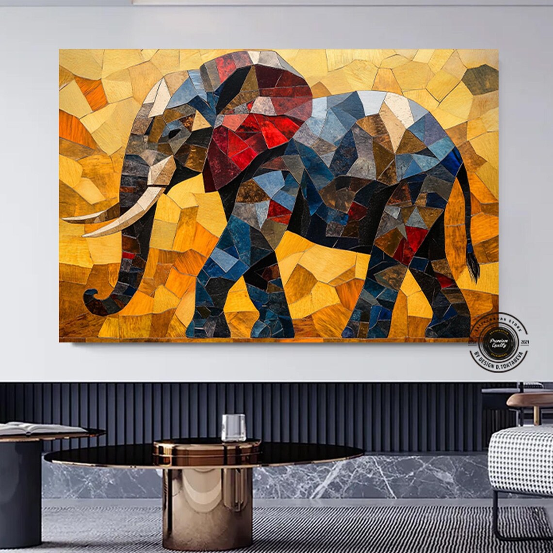 Stained Glass Mosaic Elephant Golden Decorative Animal Poster