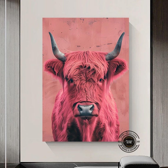 Pink Cow Wall Art Vibrant Modern Animal Print On Canvas Eyecatching Home Decor For Living Rooms And Offices Bold Colorful Gift