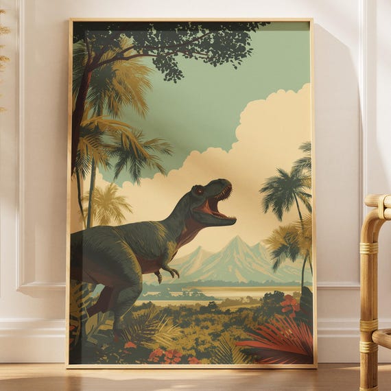 Tyrannosaurus Rex Dinosaur Jungle Volcano Wall Art Digital Download