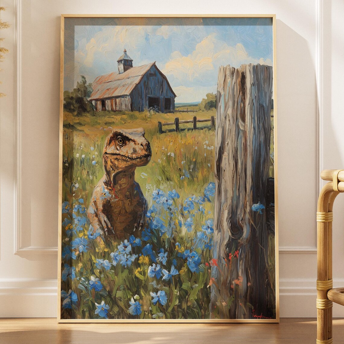 Raptor Dinosaur Art Print, Rustic Farmhouse Decor