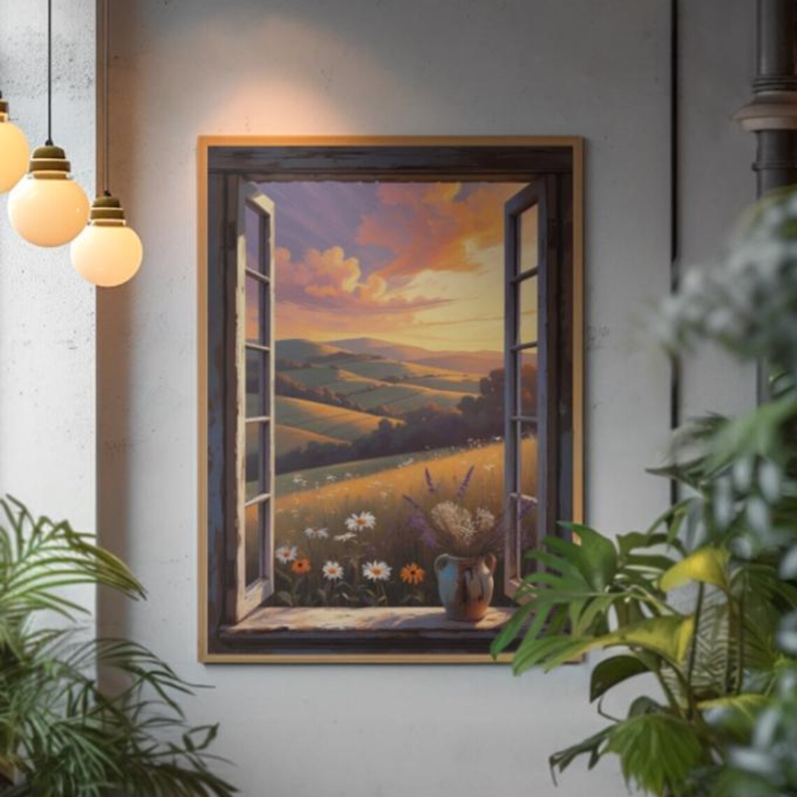 Sunset Mountain Window View Poster, Scenic Landscape