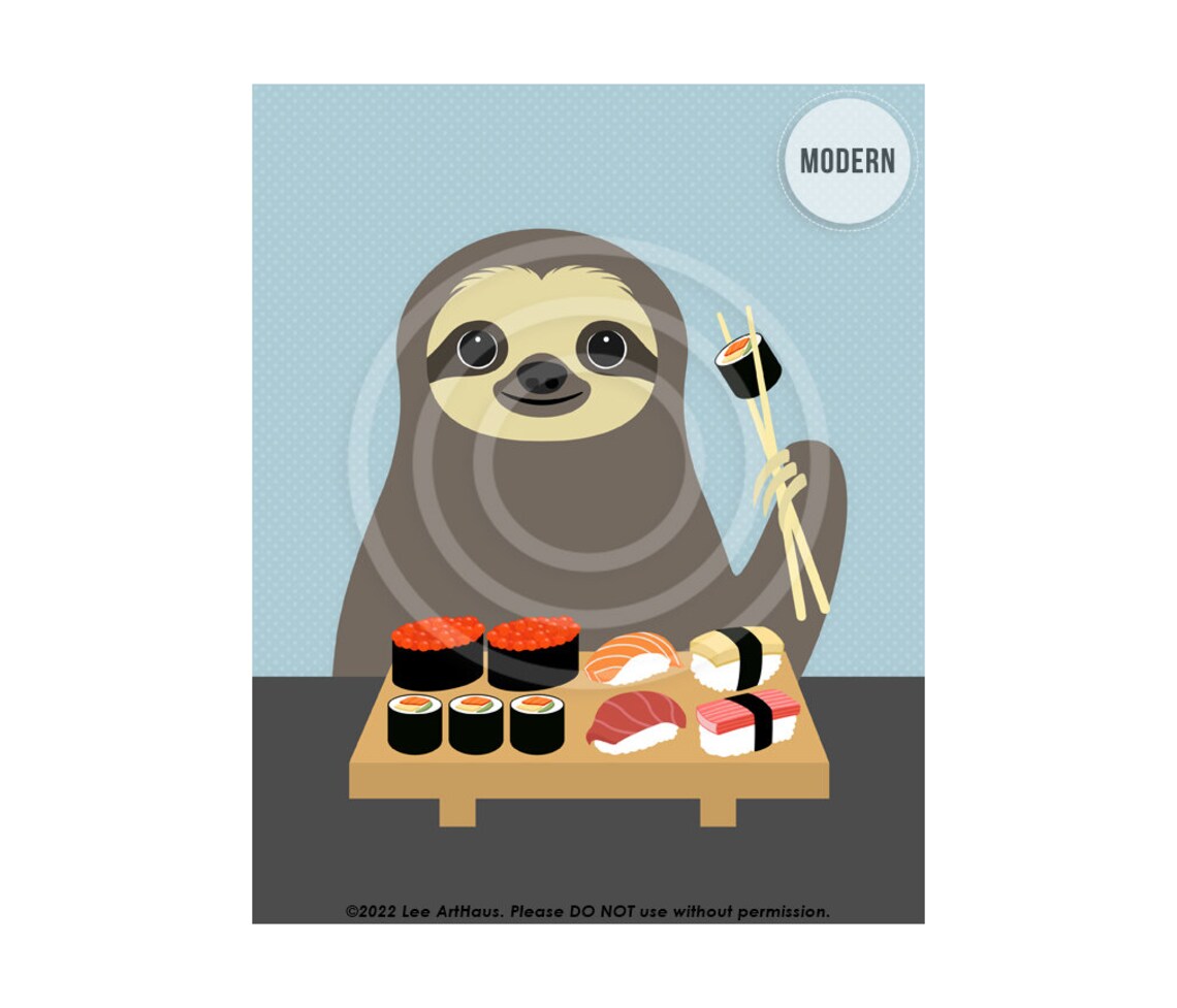 Cute Sloth Eating Sushi Platter Chopsticks Fun Kitchen Decor Wall Poster - Image 2