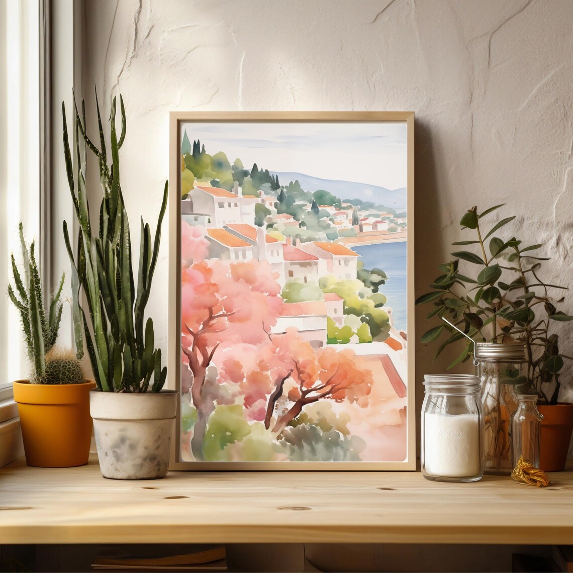Greek Island Village Watercolor Coastal White Houses Hillside Poster - Image 3