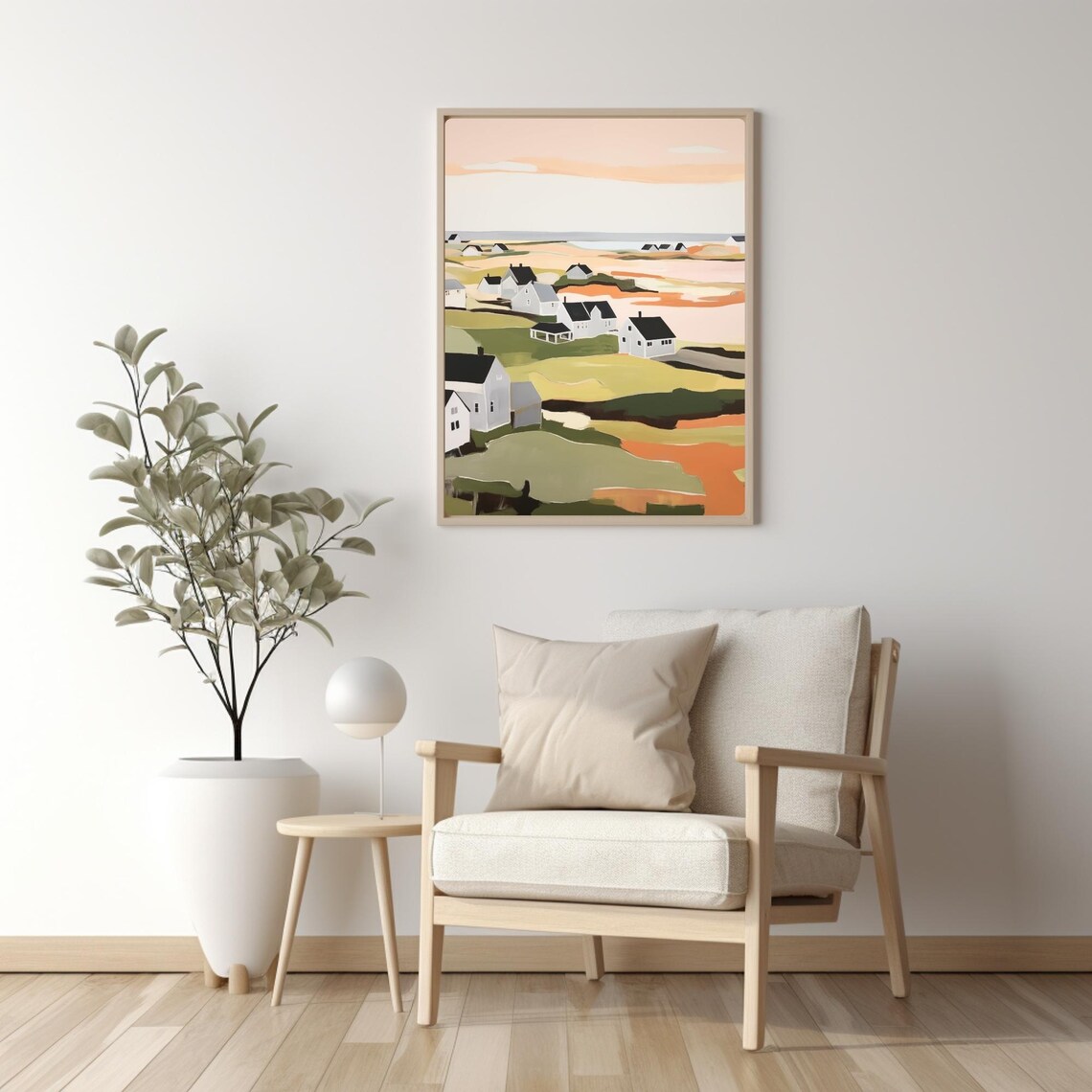 White Coastal Village Houses Peach Hills Seaside Landscape Poster - Image 3