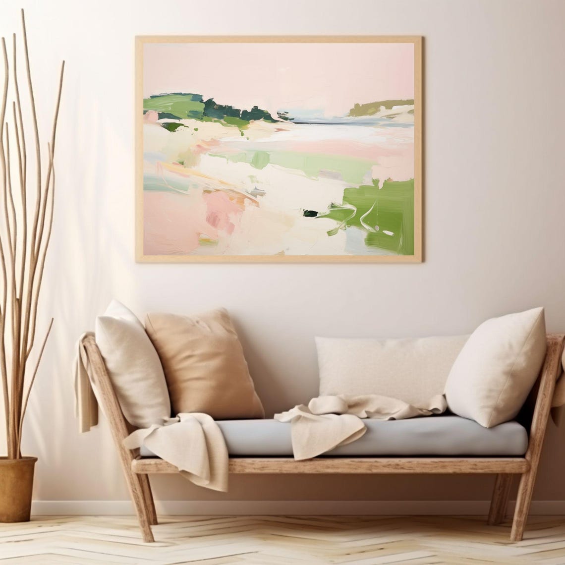 Abstract Coastal Landscape Blush Pink Green Sandy Dunes Wall Art - Image 3