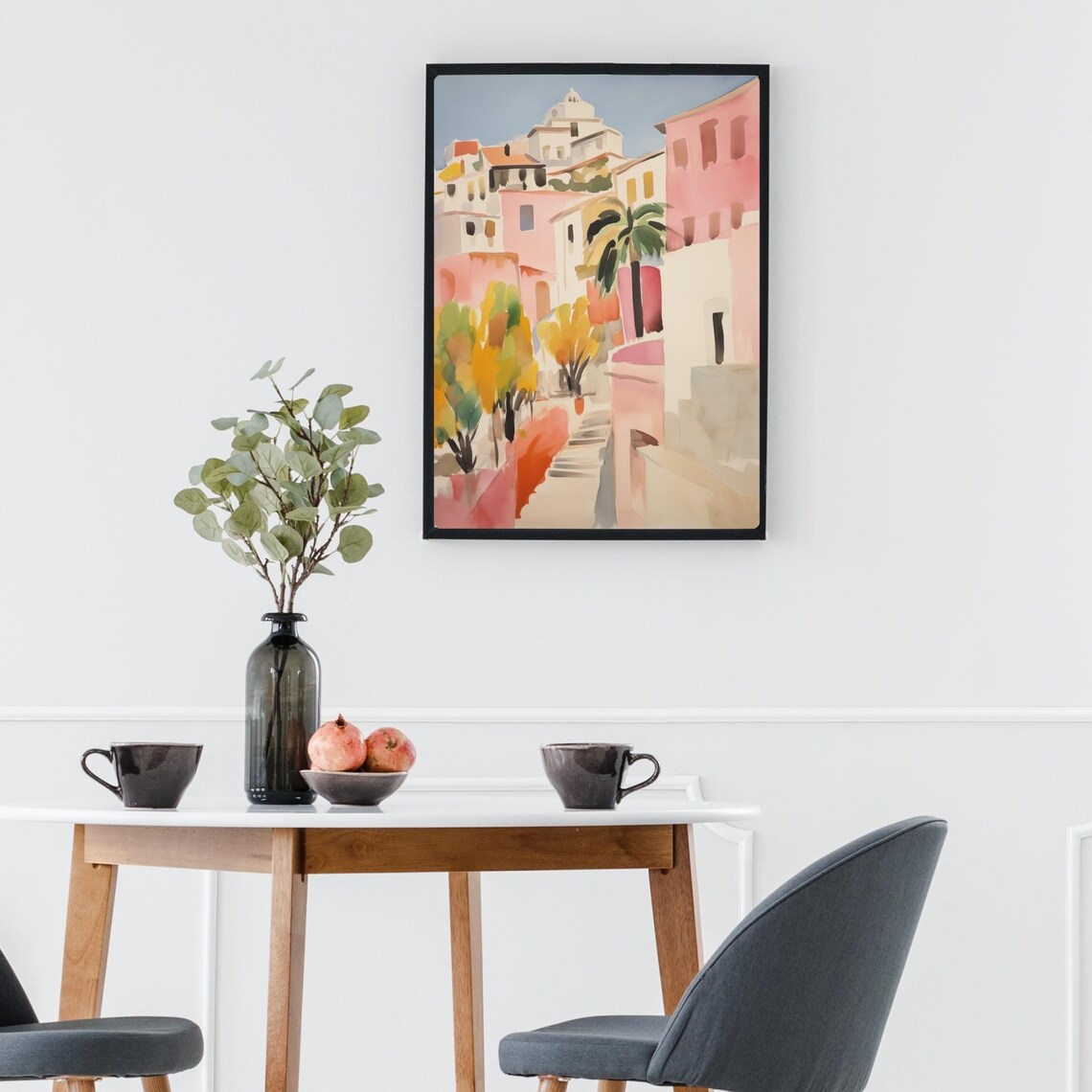 Greek Island Old Town Painting Pink Street Palm Trees Sunny Poster - Image 3