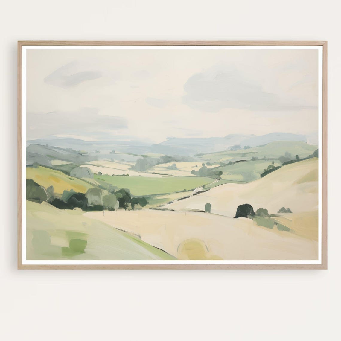 Soft Spring Green Rolling Hills Painting Misty Meadow Landscape Poster