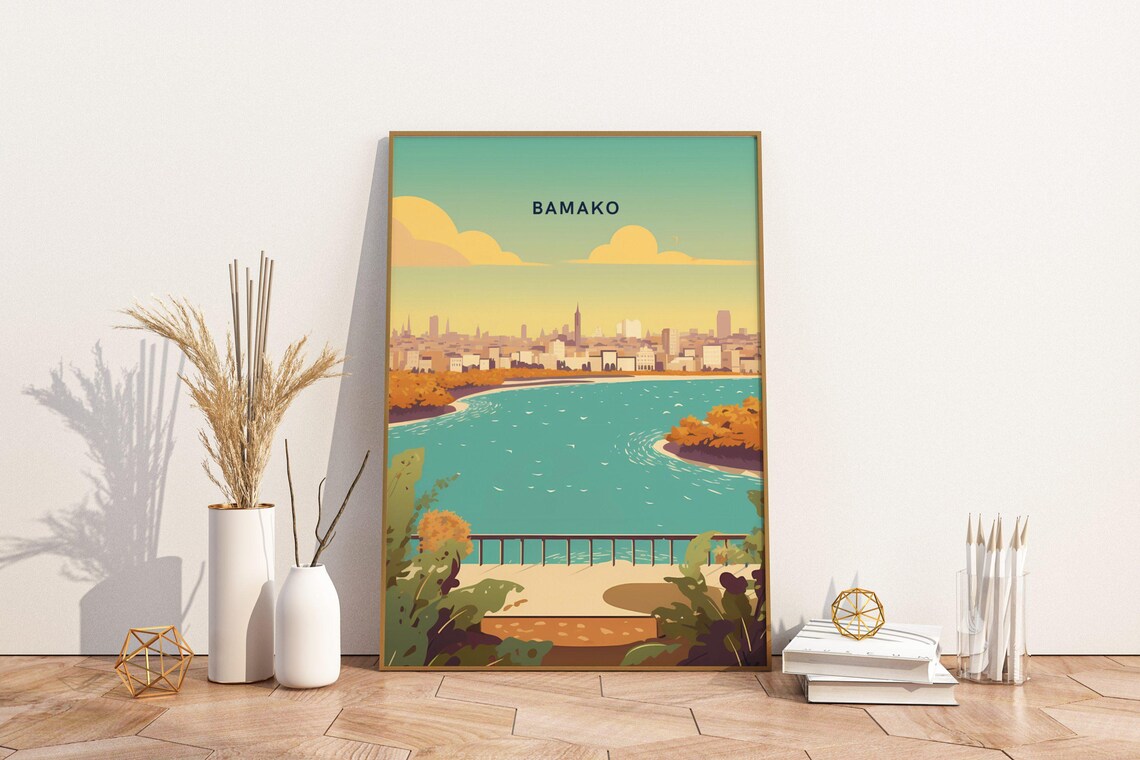Bamako Mali River City Skyline Sunset Vintage Travel Art Poster