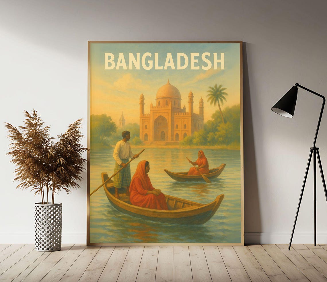 Bangladesh Riverside Boats Temple Serene Vintage Travel Poster