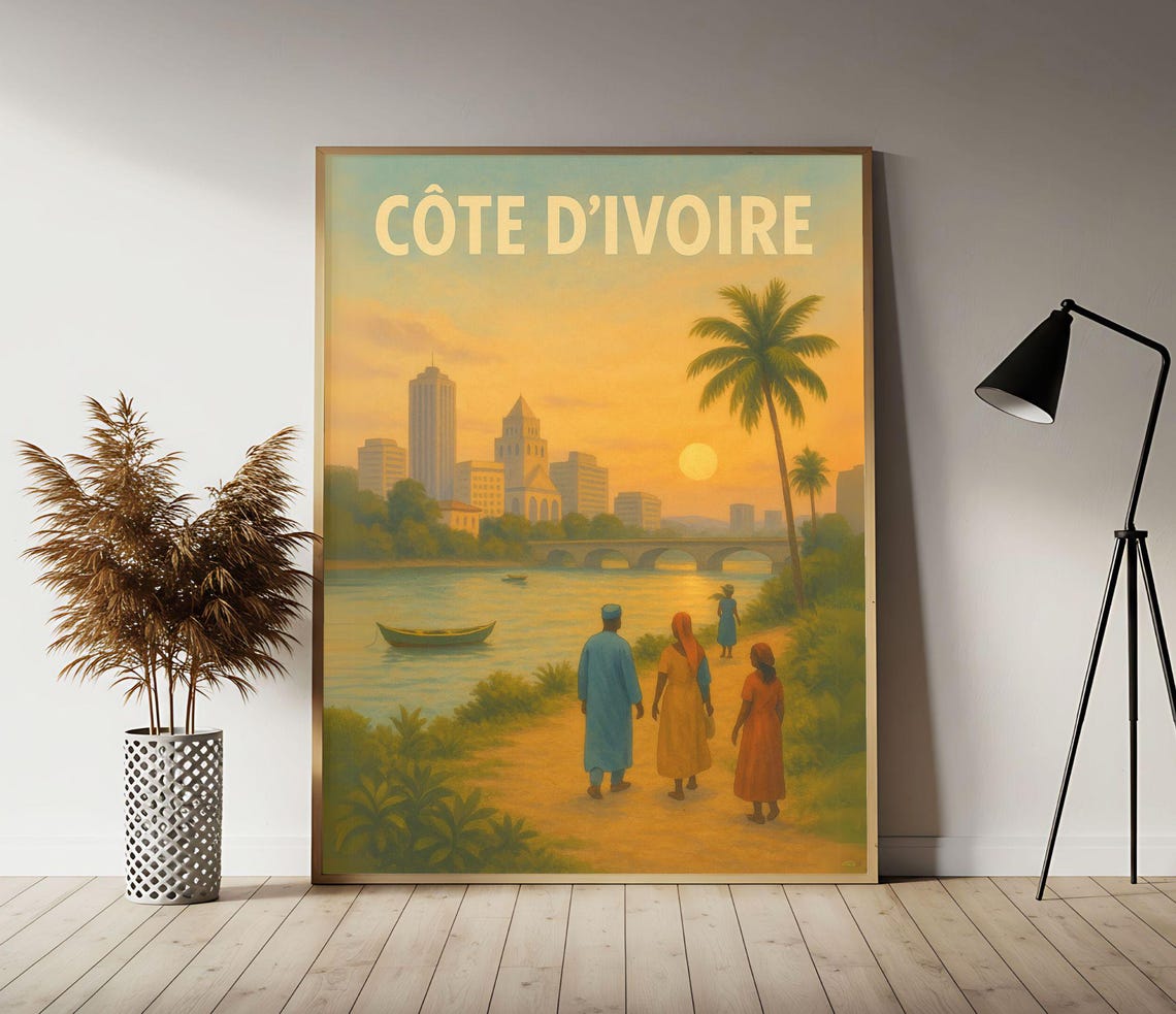 Ivory Coast Abidjan Sunset Golden River Palm Retro Travel Poster