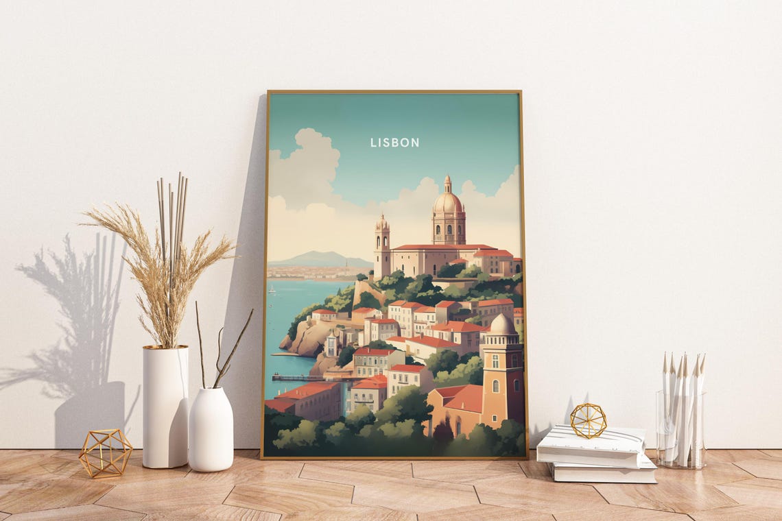 Lisbon Portugal Tagus River Old Town Hillside Panorama Travel Poster