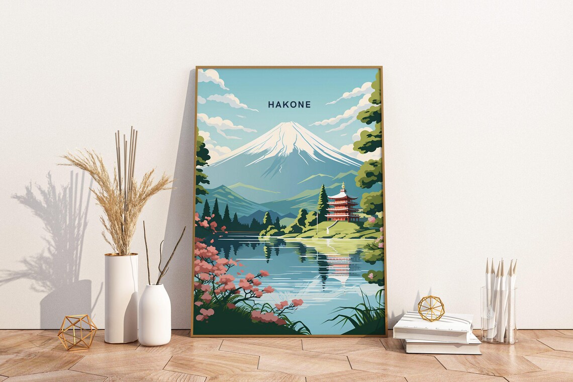 Hakone Japan Mount Fuji Cherry Blossoms Lake Reflection Travel Poster