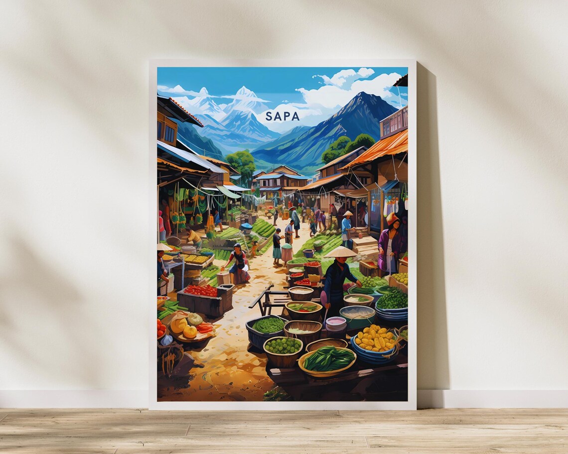Sapa Vietnam Mountain Market Street With Snow Peaks Travel Art Poster