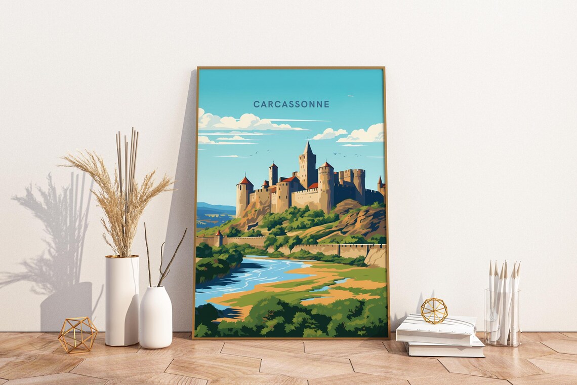 Carcassonne France Medieval Castle On The Hill Travel Poster