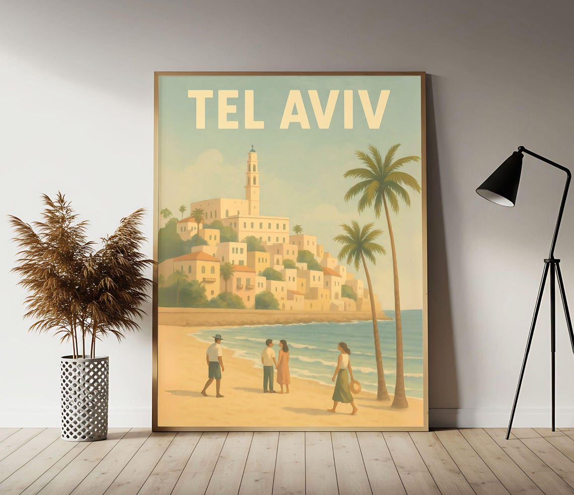 Tel Aviv Vintage Beachfront With Old Jaffa Travel Scene Poster