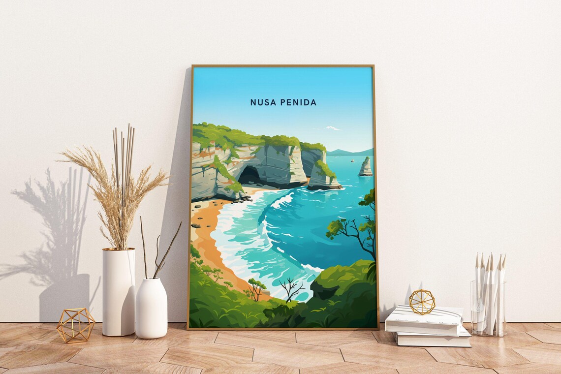 Nusa Penida Indonesia Cliffs Beach Travel Poster Art Tropical Fun