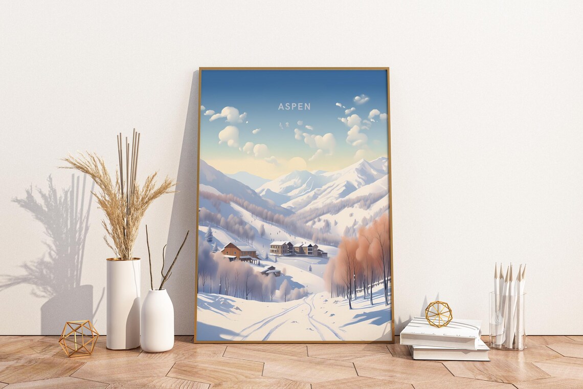 Aspen Colorado Snowy Ski Slopes Winter Mountain Travel Poster