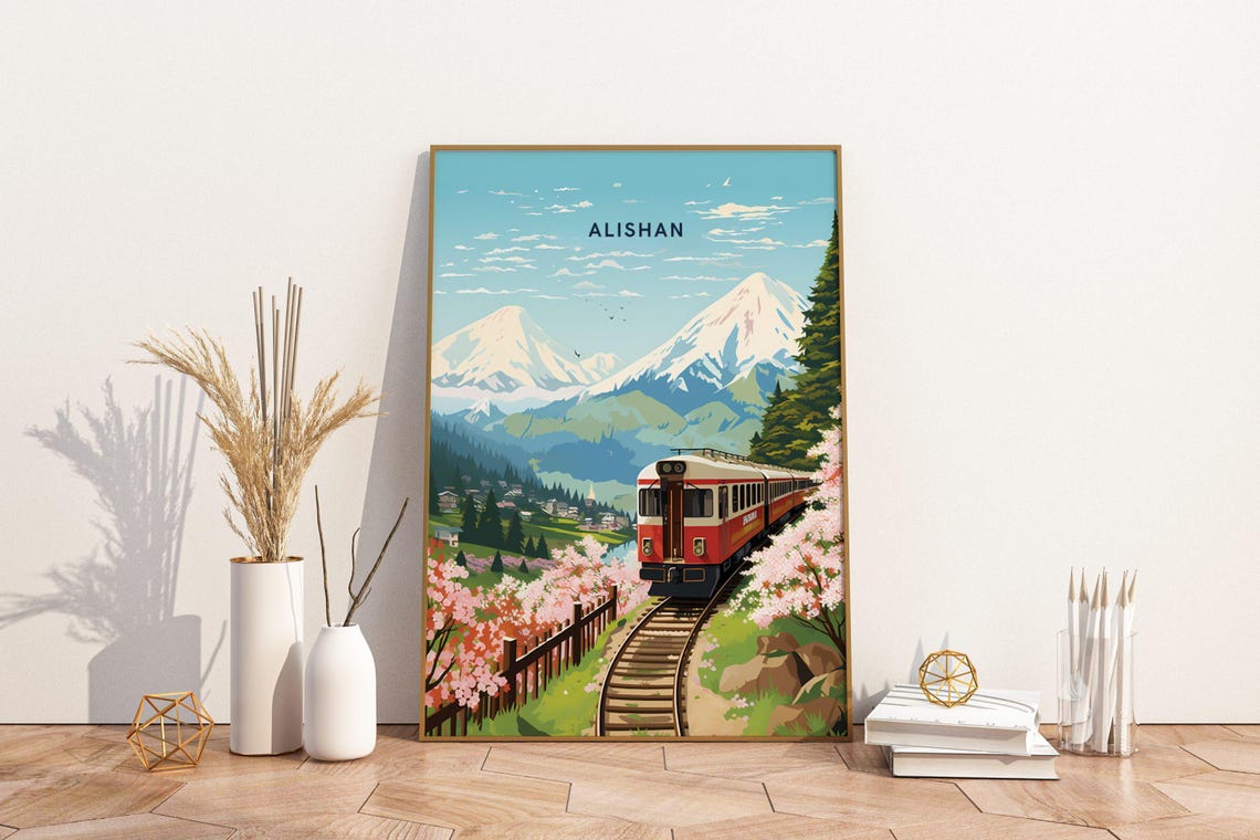 Alishan Taiwan Forest Railway Train Cherry Blossom Travel Poster