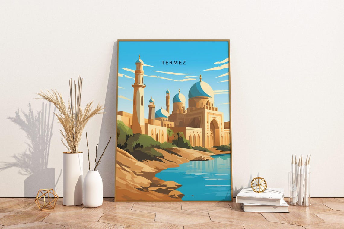 Termez Uzbekistan Blue Dome Mosque River Silk Road Travel Art Poster