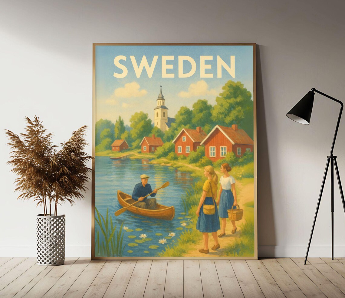 Sweden Red Cottages Lakeside Village Vintage Nordic Travel Poster