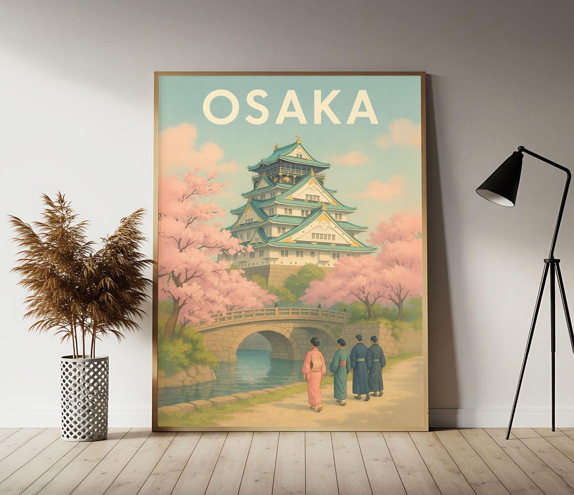 Osaka Castle Japan Vintage Travel Poster with Cherry Blossom Spring