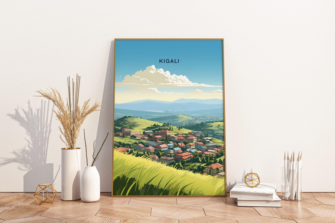 Kigali Rwanda Hillside Cityscape Travel Poster With Red Roof Houses