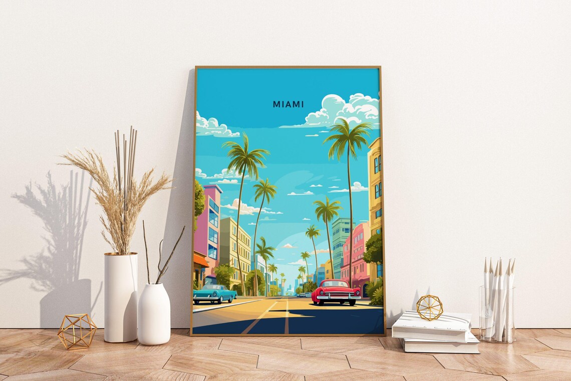 Miami Retro Downtown Street Palm Trees Classic Cars Travel Art Poster