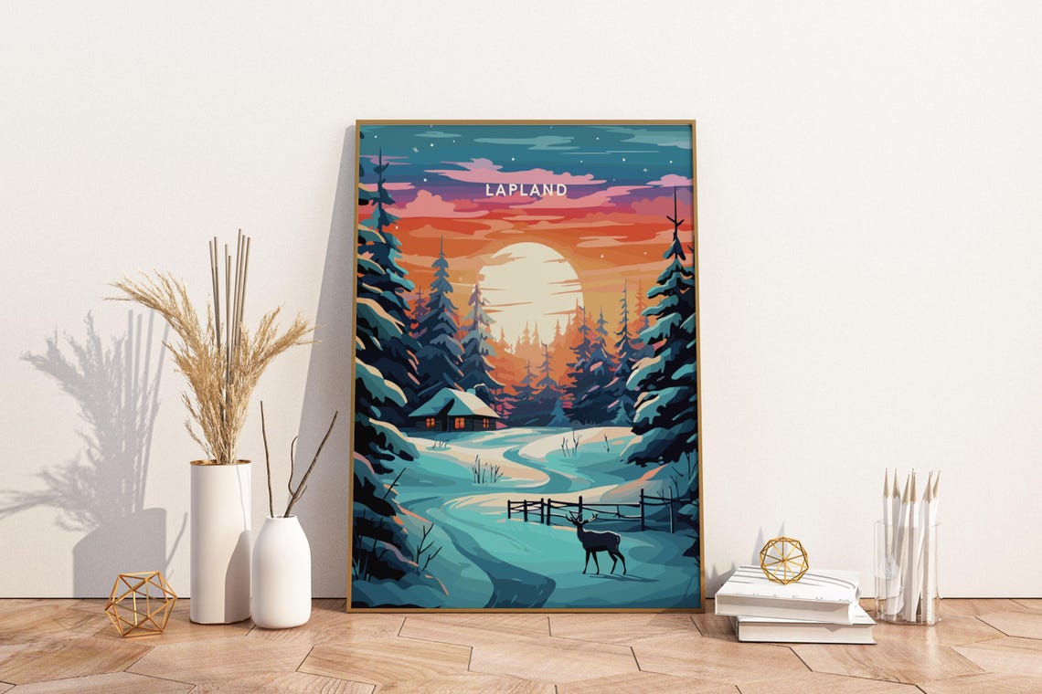Lapland Winter Sunset Snowy Cabin With Reindeer Travel Poster