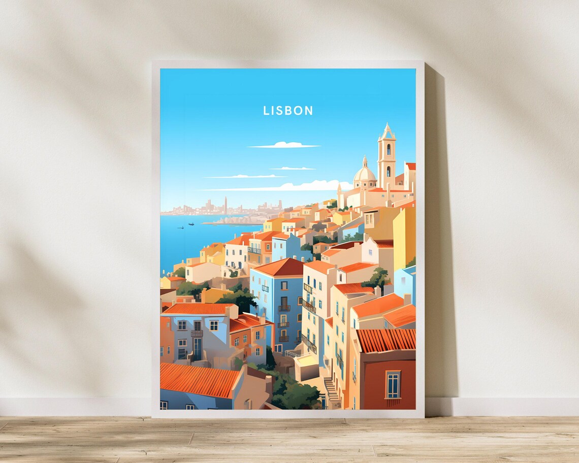 Lisbon Portugal Travel Poster Alfama Old Town Rooftops Vintage Style