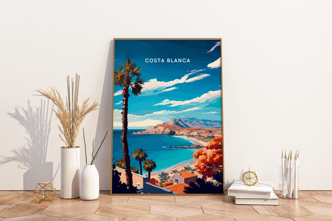 Costa Blanca Spain Turquoise Bay Palms Beach Vintage Travel Poster