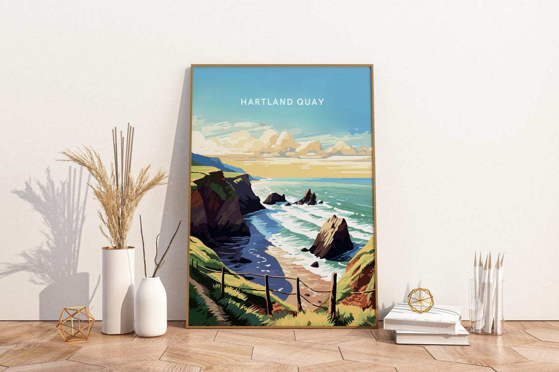 Hartland Quay England Coastal Cliffs Golden Vintage Travel Poster