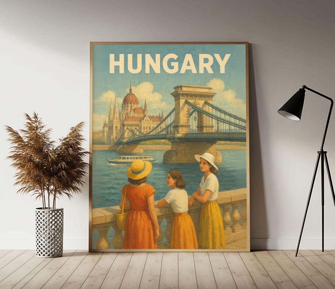 Hungary Budapest Chain Bridge Vintage Travel Poster Danube River View