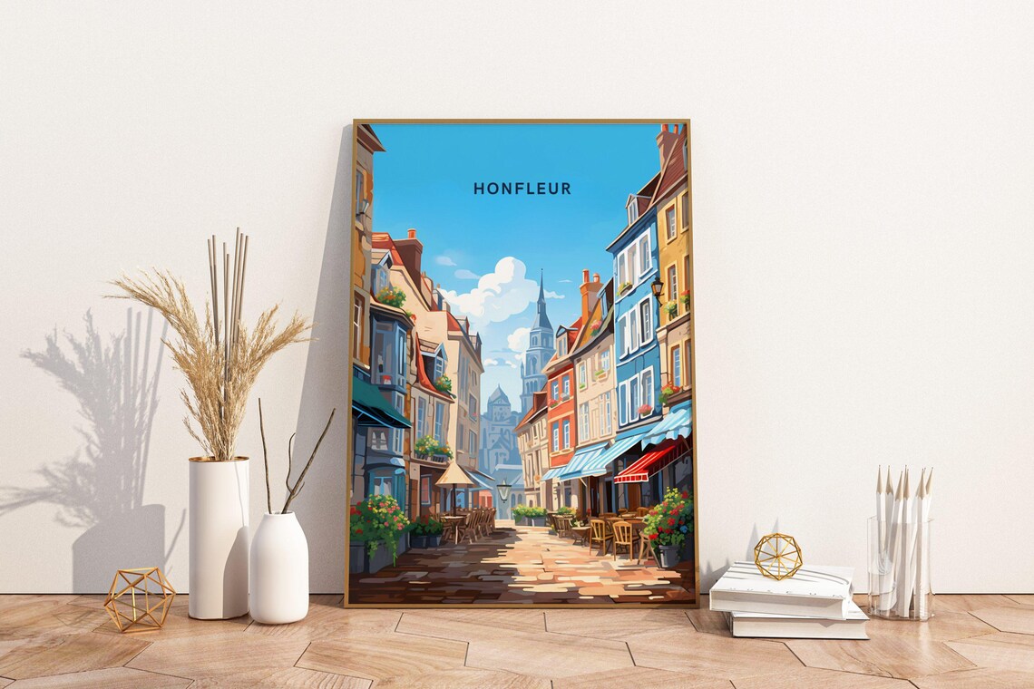 Honfleur France Colorful Old Town Street Retro Travel Poster