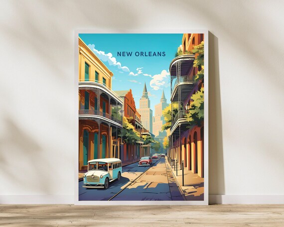 New Orleans Louisiana French Quarter Street Trolley Vintage Travel Poster
