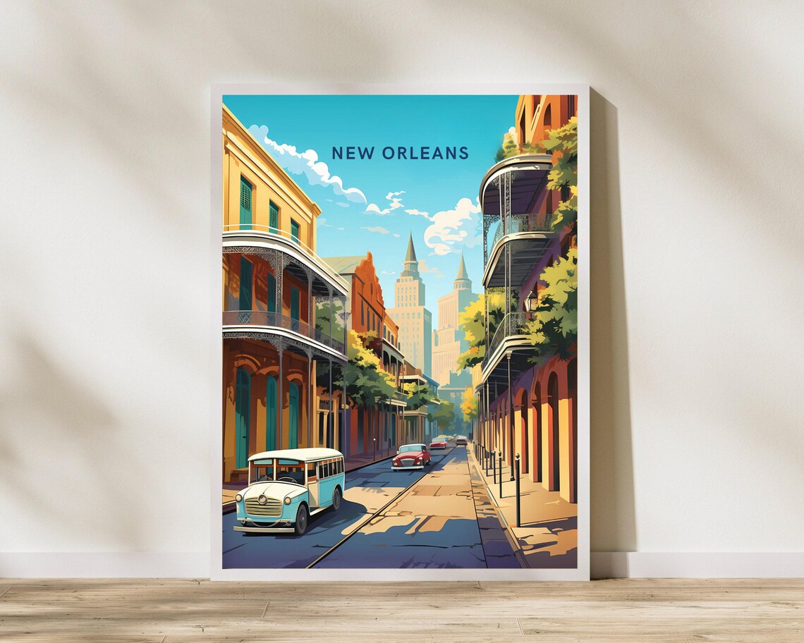 New Orleans Louisiana French Quarter Street Trolley Vintage Travel Poster